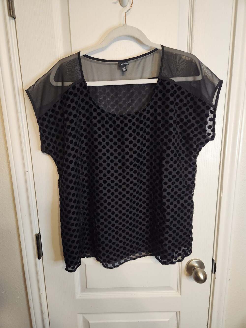 Rafaella Women's Black Flocked Polka Dot Sheer Mesh Overlay Blouse
